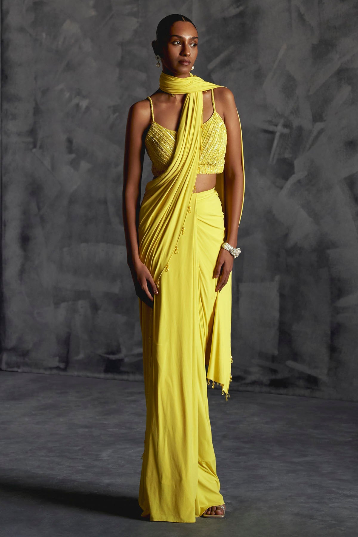 Manika Nanda Yellow Saree & Strappy Blouse for women online at ScrollnShops